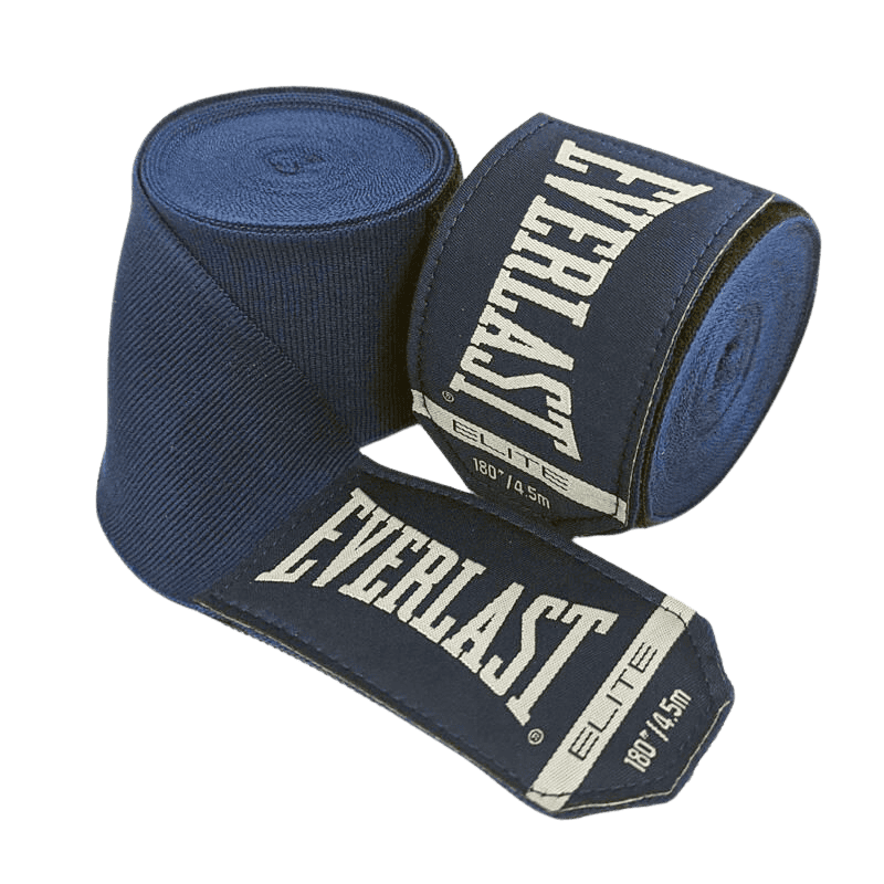 Een blauwe Everlast Elite bandage gedeeltelijk uitgerold naast een volledig opgerolde bandage, met het witte Everlast-logo goed zichtbaar.