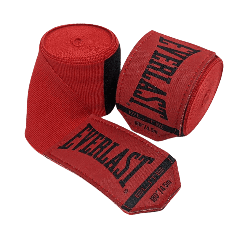 Twee rode Everlast Elite bandages, waarvan één volledig opgerold en de ander gedeeltelijk uitgerold, met het zwarte Everlast-logo prominent zichtbaar.