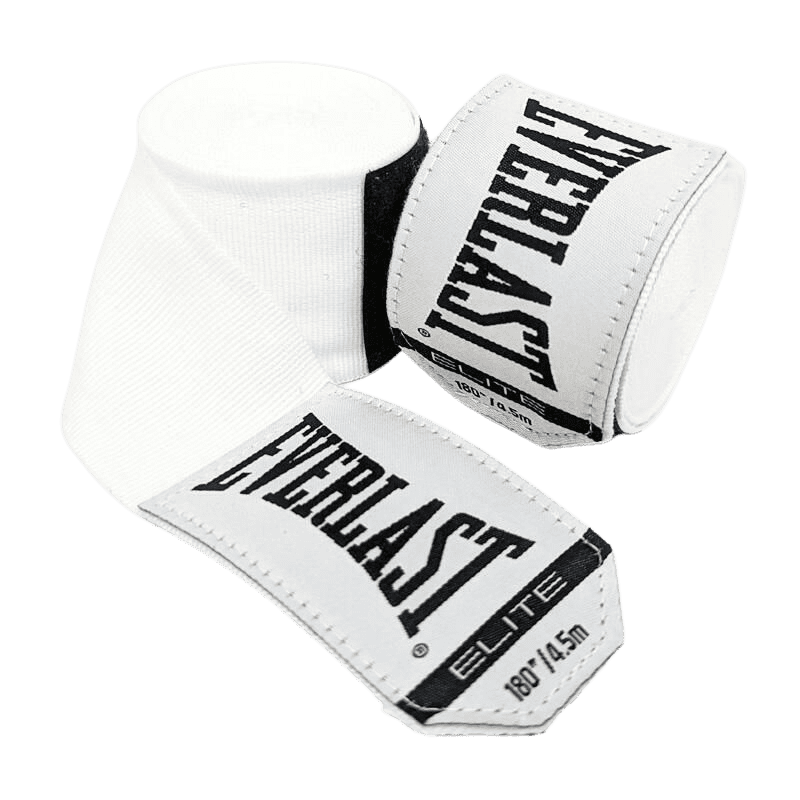 Twee witte Everlast Elite bandages, waarbij één gedeeltelijk is uitgerold. Het logo van Everlast is zichtbaar op beide bandages.
