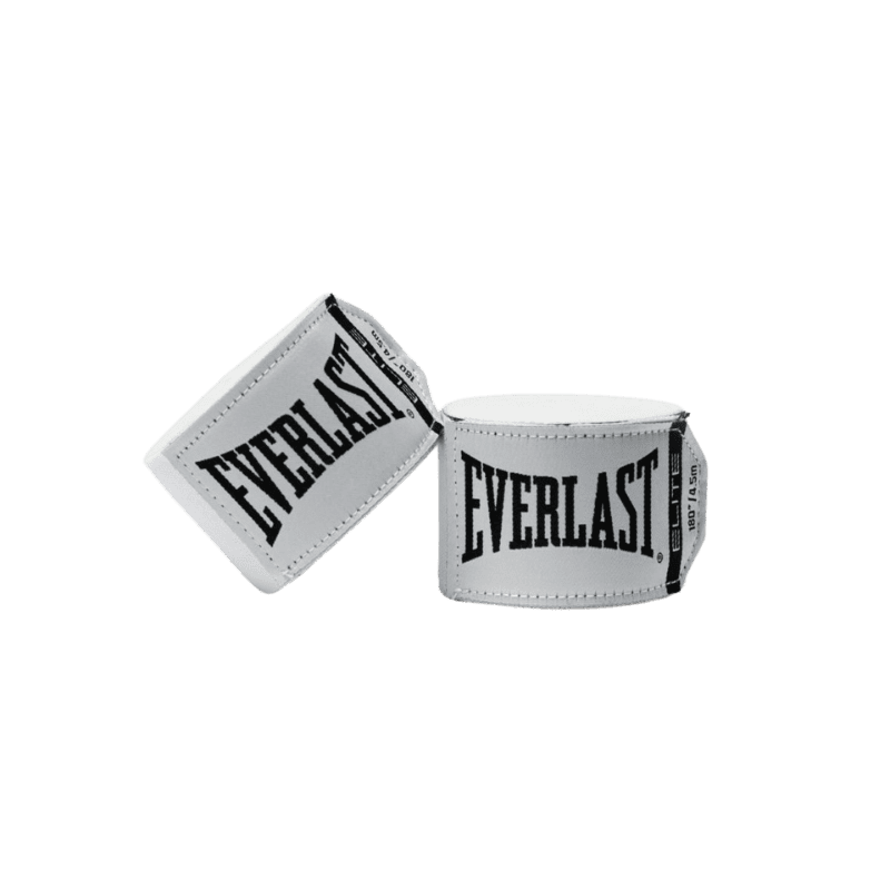 Twee opgerolde witte Everlast Elite bandages met het logo duidelijk zichtbaar op de buitenkant. De bandages zijn naast elkaar geplaatst.