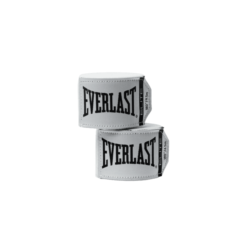 Een stapel van twee opgerolde witte Everlast Elite bandages met het Everlast-logo aan de buitenkant. Beide bandages zijn opgestapeld met het logo naar voren gericht.