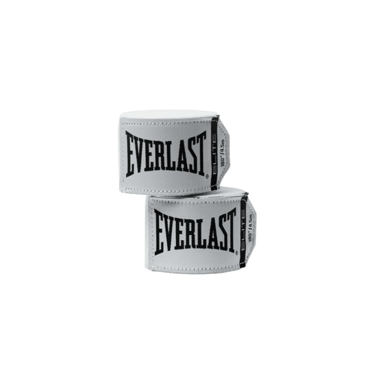 Een stapel van twee opgerolde witte Everlast Elite bandages met het Everlast-logo aan de buitenkant. Beide bandages zijn opgestapeld met het logo naar voren gericht.
