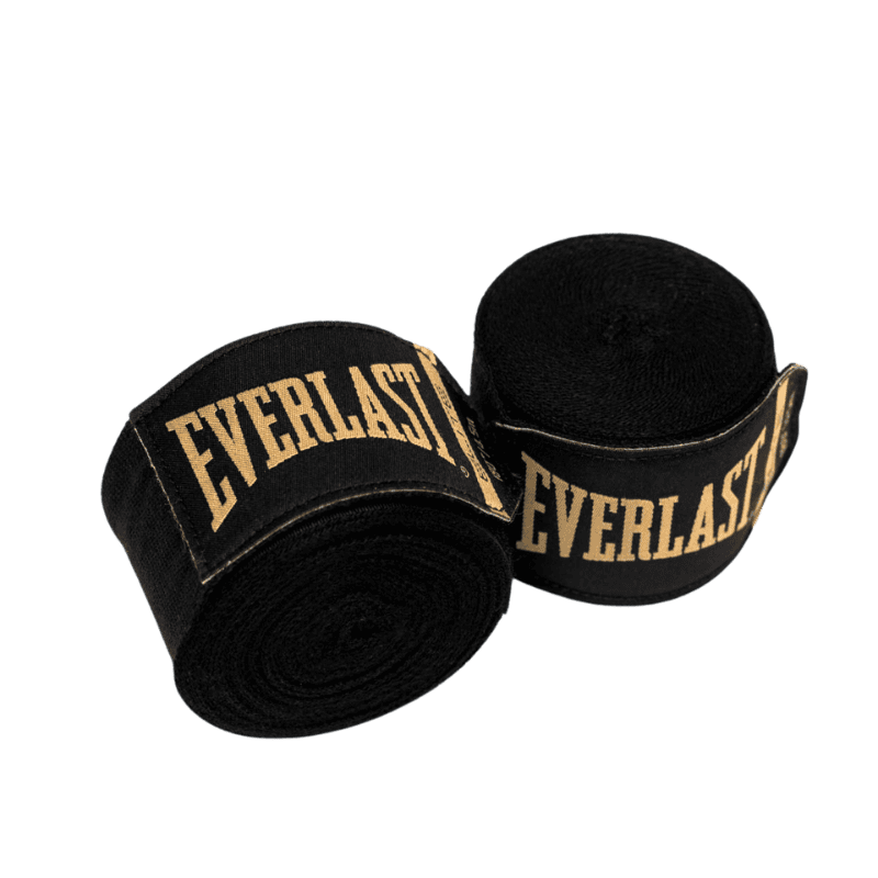 Twee opgerolde zwarte Everlast Elite bandages met goudkleurig logo aan de buitenkant, liggend naast elkaar.