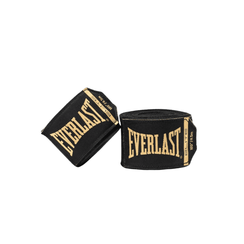 Twee zwarte Everlast Elite bandages met goudkleurig logo, waarvan er één opgerold is en de andere schuin geplaatst naast de eerste.