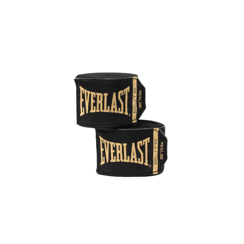 Twee opgerolde zwarte Everlast Elite bandages met goudkleurig logo aan de buitenkant, gestapeld boven op elkaar.