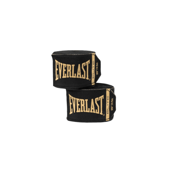 Twee opgerolde zwarte Everlast Elite bandages met goudkleurig logo aan de buitenkant, gestapeld boven op elkaar.