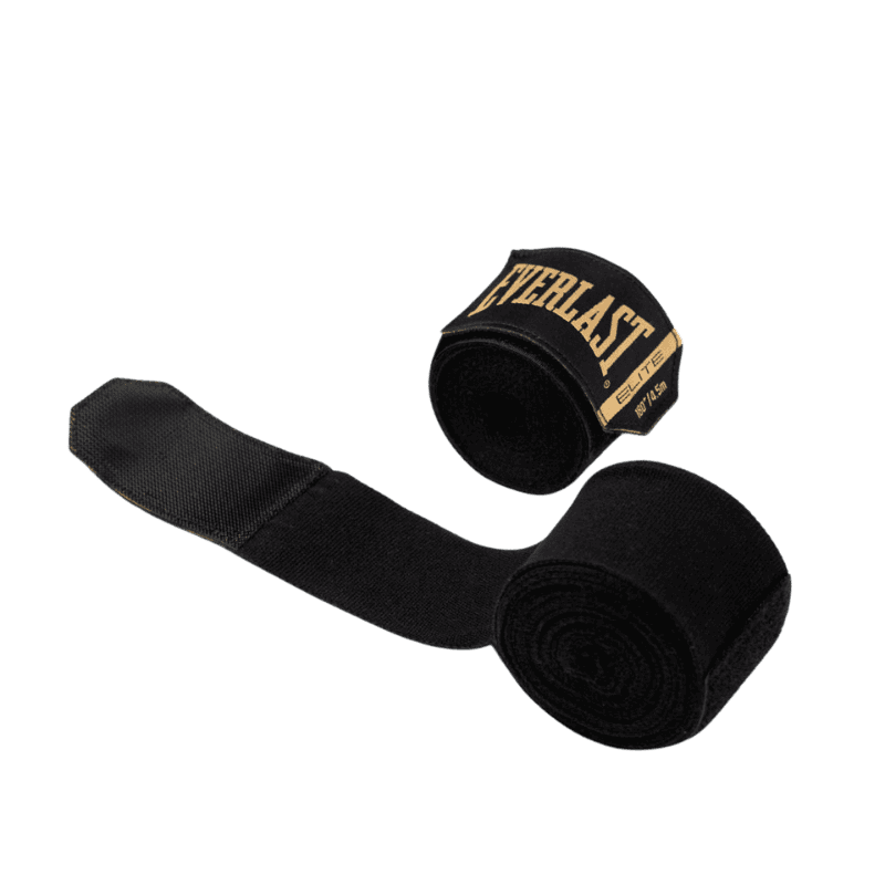 Een gedeeltelijk uitgerolde zwarte Everlast Elite bandage met klittenbandsluiting, naast een volledig opgerolde bandage.