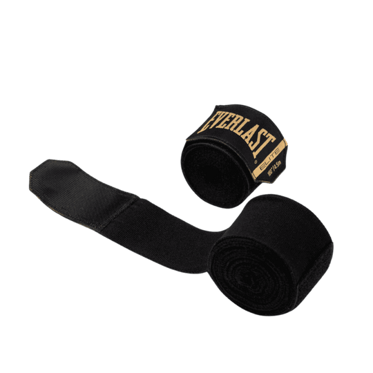 Een gedeeltelijk uitgerolde zwarte Everlast Elite bandage met klittenbandsluiting, naast een volledig opgerolde bandage.