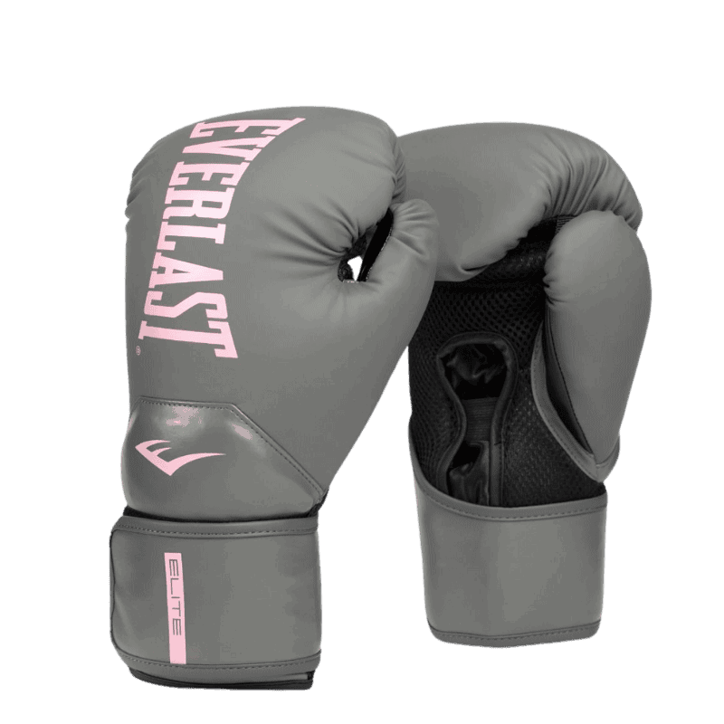 Afbeelding van Everlast Elite bokshandschoenen in de kleur grijs, met roze logo's. De handschoenen hebben een strak en ergonomisch ontwerp met het Everlast-logo in roze bovenop en het Elite-logo op de polsband. Ze zijn voorzien van een brede klittenbandsluiting en een zwart mesh-paneel aan de binnenkant voor ventilatie en comfort tijdens het boksen.
