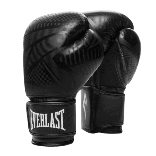 Set zwarte Everlast bokshandschoenen met een geometrisch patroon en het iconische Everlast-logo op de polsbanden.