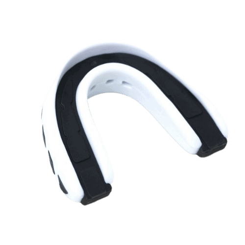 Everlast dubbele gebitsbeschermer Evershield, zijaanzicht in wit en zwart, ontworpen voor stevige grip en comfort.