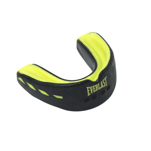 Everlast dubbele gebitsbeschermer met geel interieur en merklogo, biedt stevige bescherming en ventilatie.