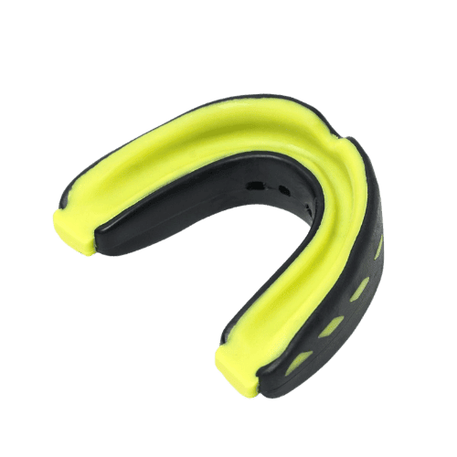 Everlast dubbele gebitsbeschermer Evershield in zwart en geel, bovenaanzicht voor comfortabele tandbescherming.