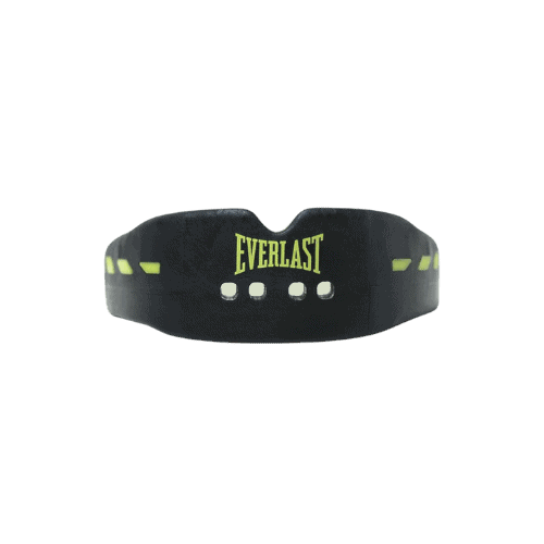 Voorzijde van de Everlast gebitsbeschermer in zwart met gele accenten en ventilatieopeningen voor ademgemak tijdens trainingen.