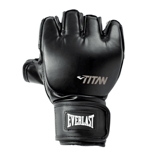 Een enkele Everlast MMA handschoen Titan Zwart, volledig zichtbaar met een sterke polsband en Titan-logo.