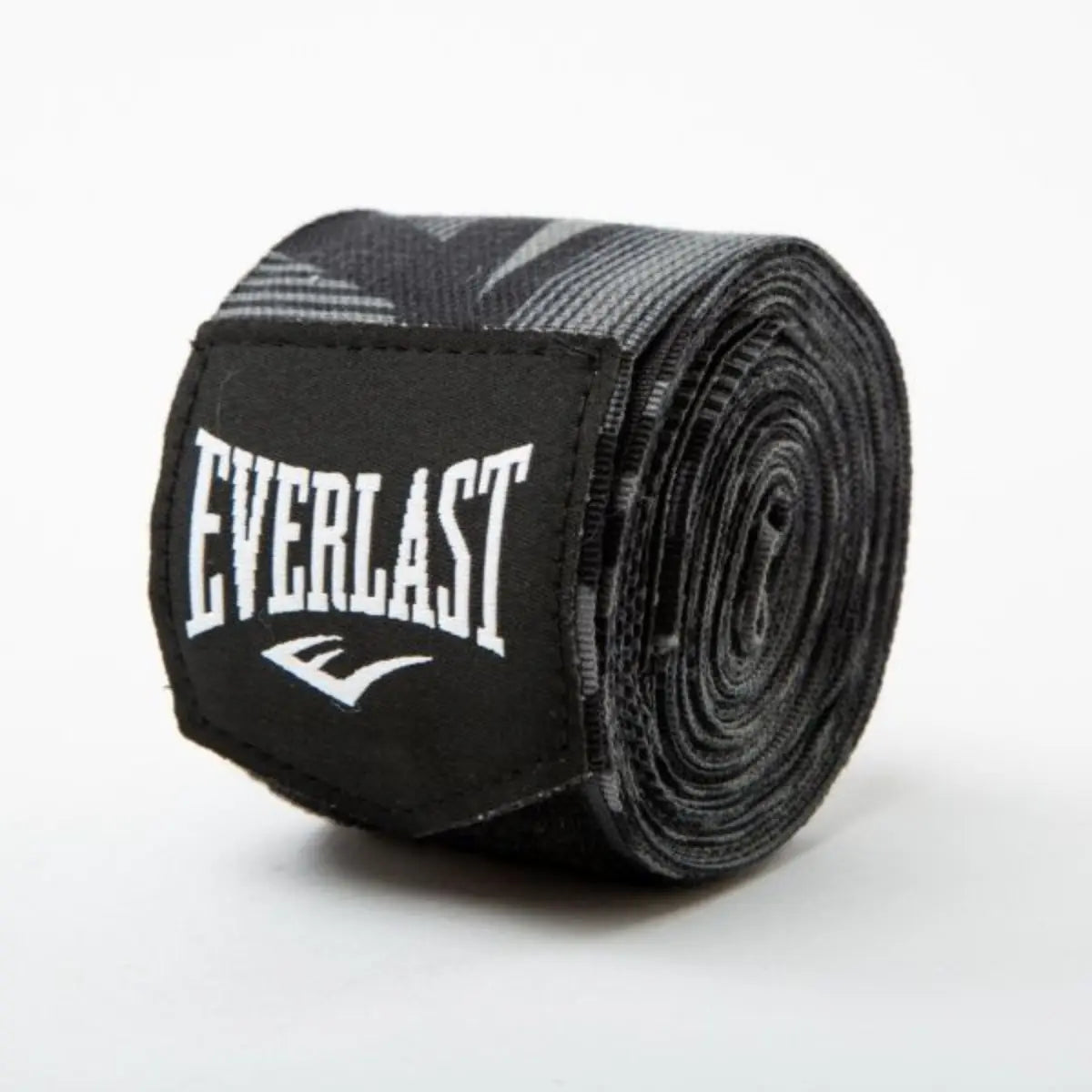 Everlast bandage Spark Printed in zwart, opgerold weergegeven met wit Everlast logo, geschikt voor ondersteuning en bescherming van handen en polsen tijdens bokstraining.