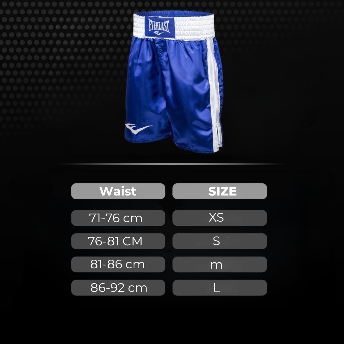 Maattabel voor het blauw-witte Everlast boksbroekje met tailleomtrek en bijbehorende maten XS tot L. De afbeelding helpt boksers en kickboksers de juiste maat te kiezen voor trainingen en wedstrijden.
