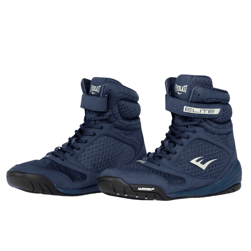 Een paar blauwe Everlast Elite 2 boksschoenen met een hoge enkelsteun en een ademend mesh-ontwerp, ideaal voor comfort en ondersteuning tijdens het boksen.