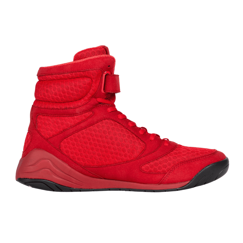 Binnenkant van een rode Elite 2 boksschoen, ontworpen met ademend mesh-materiaal en een ergonomische pasvorm om het comfort tijdens het trainen te verbeteren.