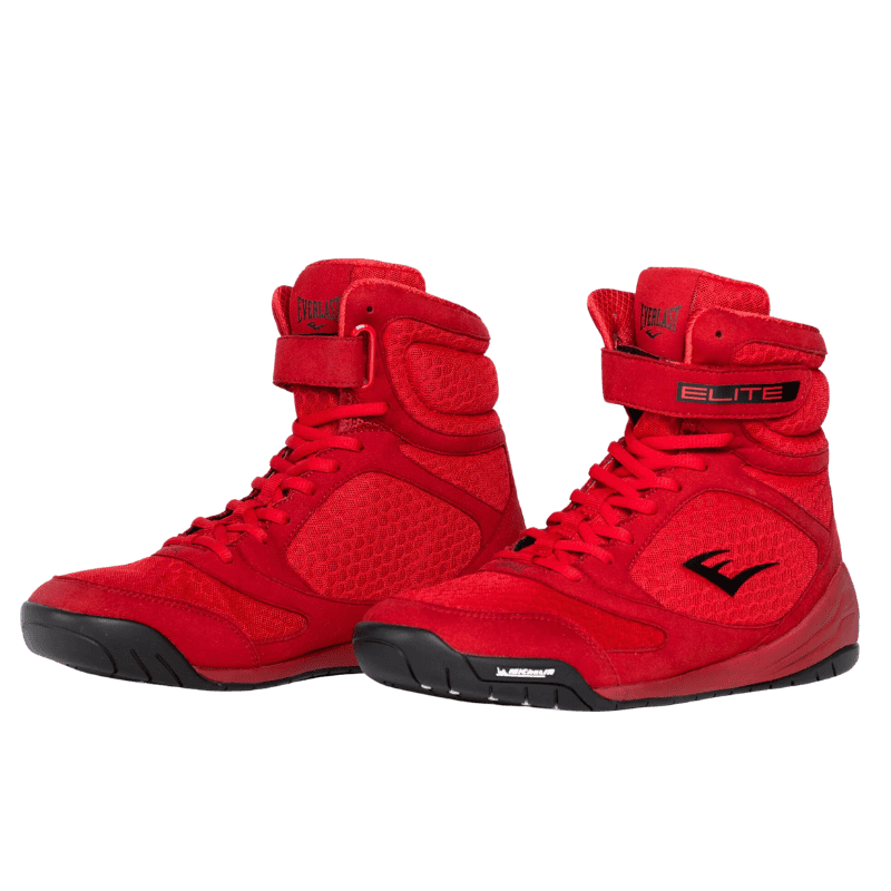 Een paar rode Elite 2 boksschoenen, schuin van voren weergegeven, met een robuuste constructie en een Michelin-buitenzool voor grip en duurzaamheid.