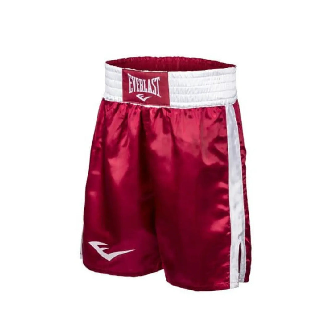 Red and white Everlast boxing shorts with a glossy satin finish and a wide elastic waistband. The classic design offers excellent freedom of movement and a comfortable fit. Ideal for boxing training and high-intensity gym workouts.