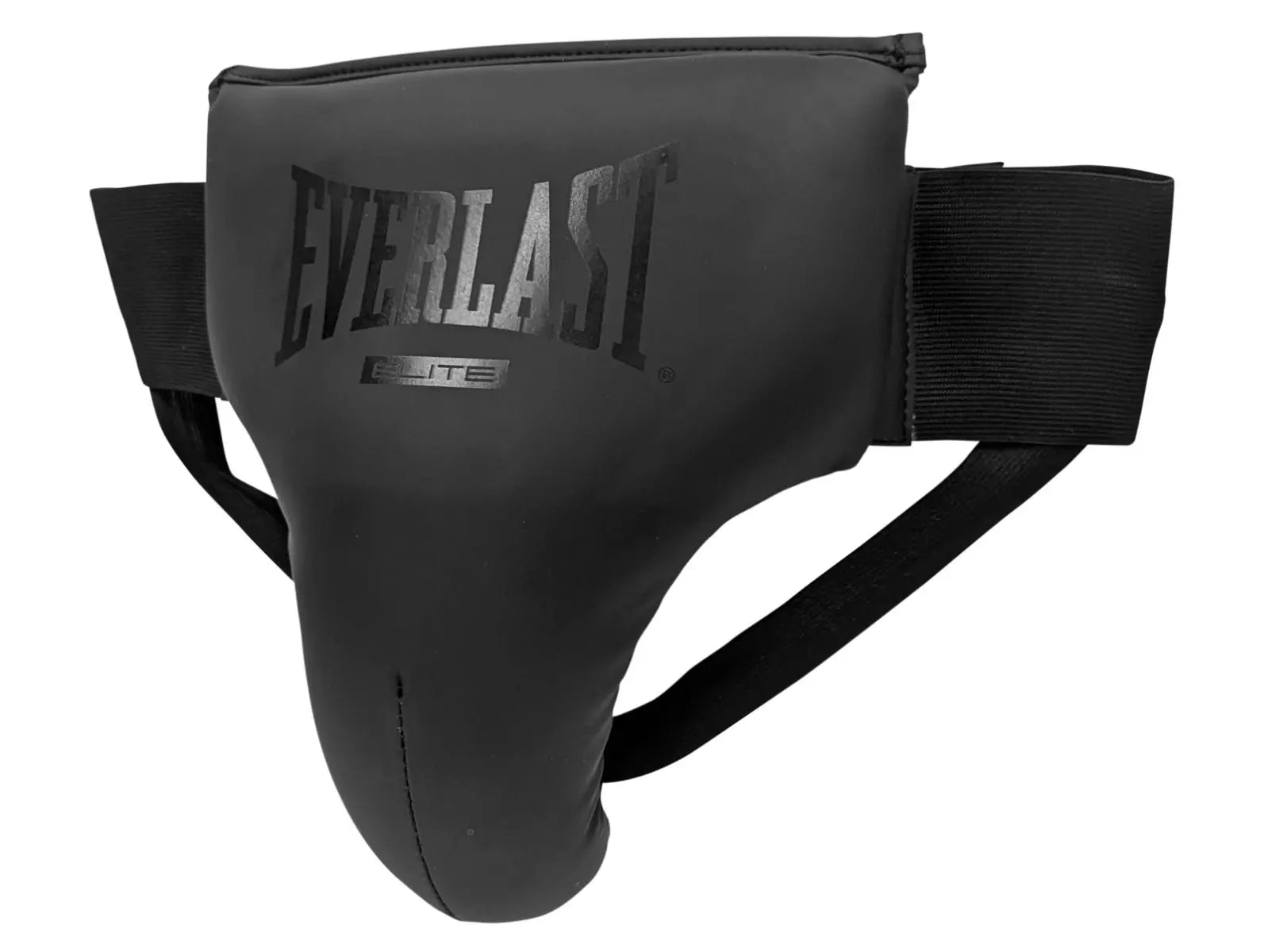 Side view of Everlast Elite groin guard in black with extended protective cup and elastic waistband. The image shows the ergonomic shape, durable outer layer, and adjustable leg straps designed for secure fit, comfort, and reliable groin protection during boxing and combat sports training.