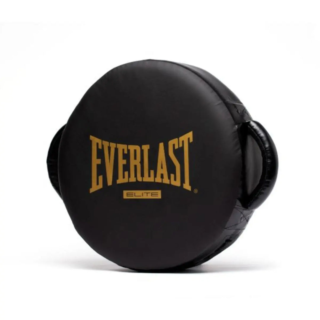 Zwarte Everlast Elite ronde stootkussen met gouden Everlast-logo, voorzien van zijgrepen en gefotografeerd tegen een witte achtergrond voor duidelijke productweergave.
