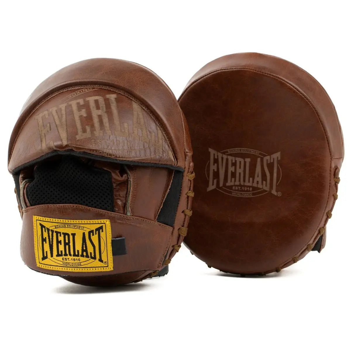 Everlast 1910 focus mitts in bruin leer met vintage design, gebruikt voor bokstraining en precisie-oefeningen