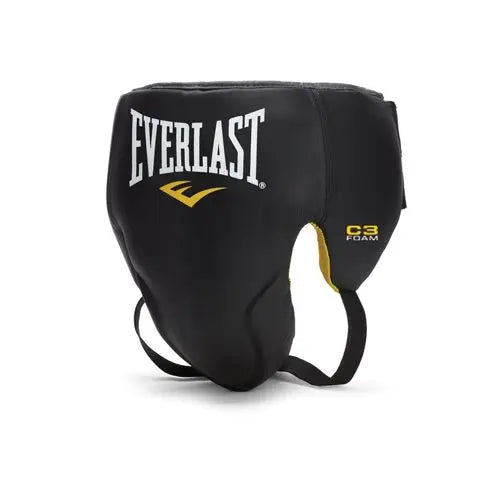 Front and side view of Everlast groin guard in black with integrated C3 foam padding. The image shows the ergonomic protective cup, adjustable leg straps, and smooth durable outer finish with Everlast branding, designed to provide reliable protection, comfort, and freedom of movement during boxing and combat sports training.