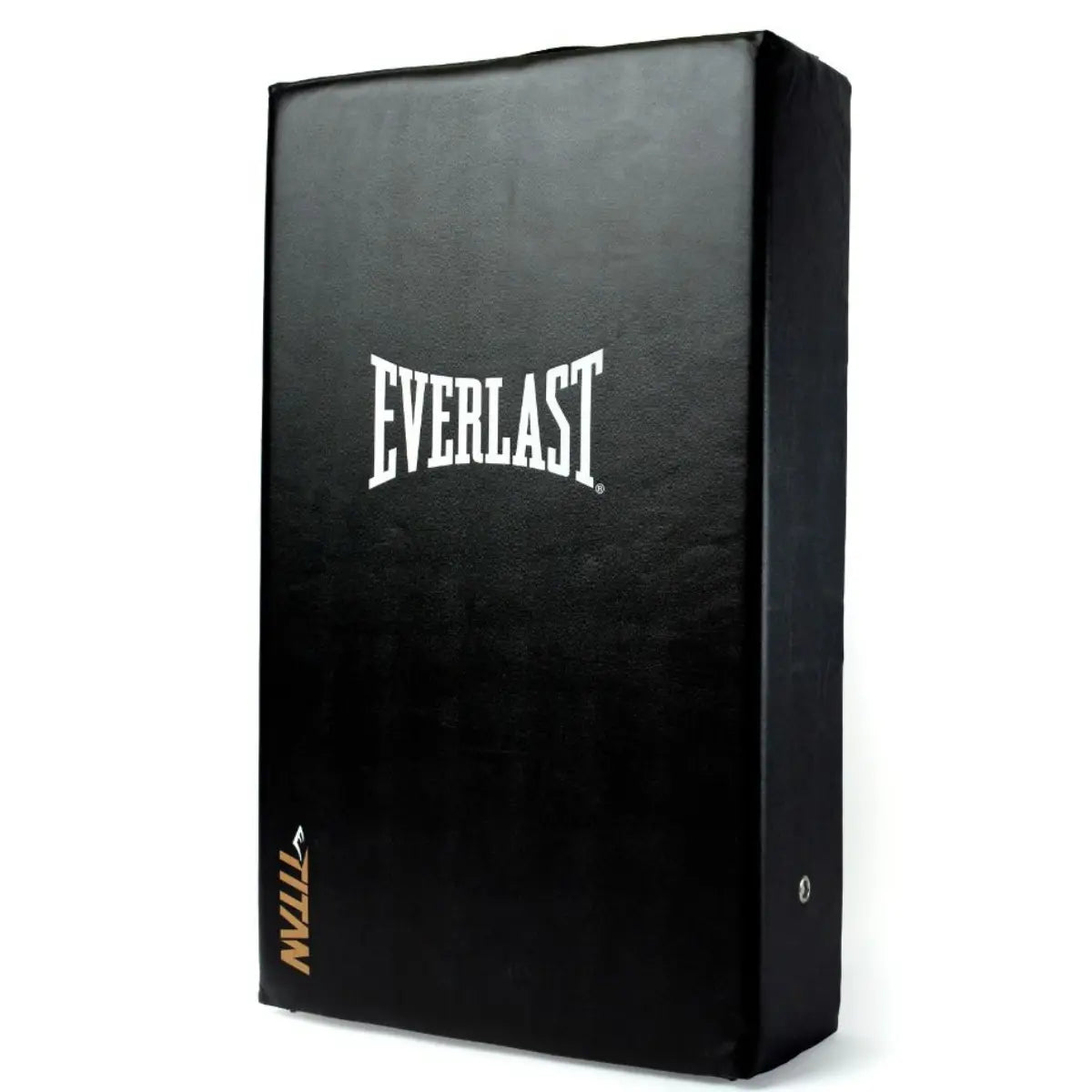 Zwarte Everlast Titan kick shield met wit logo en stevige afwerking, schuin gefotografeerd tegen een witte achtergrond