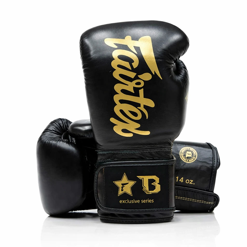 Fairtex bokshandschoenen zwart goud uit exclusive serie voor boksen en kickboksen