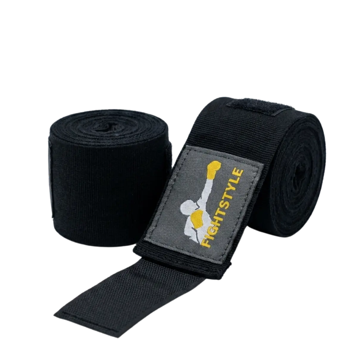Zwarte Fightstyle bandages met klittenbandsluiting en Fightstyle logo. De bandages bieden ondersteuning aan handen en polsen tijdens boksen, kickboksen en MMA.