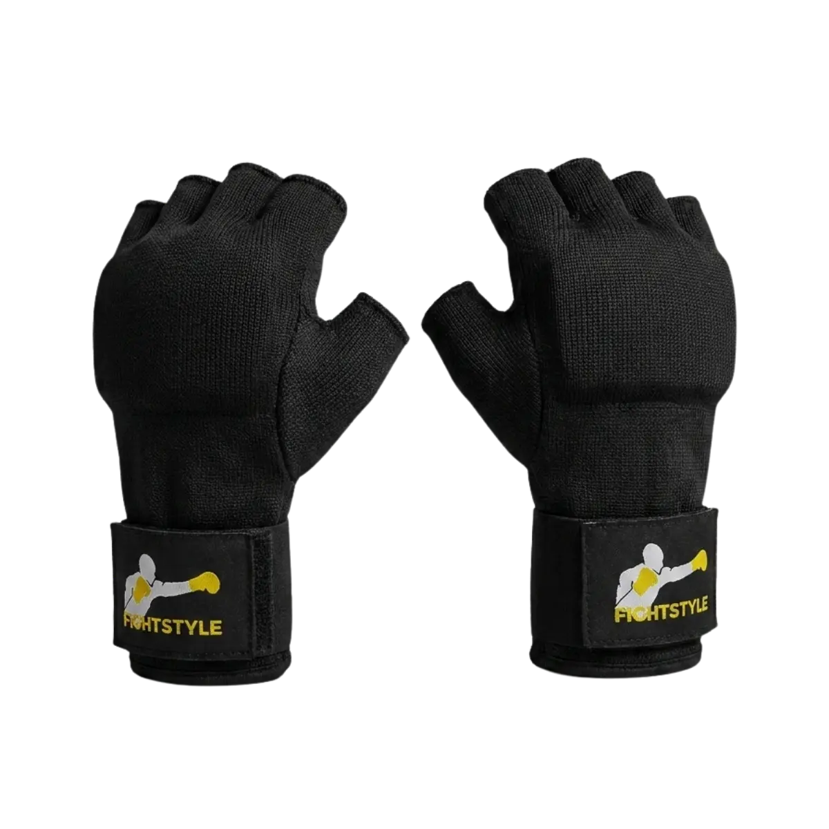 Zwarte Fightstyle binnenhandschoenen met open vingers en klittenbandsluiting. De handschoenen bieden extra ondersteuning aan handen en polsen tijdens boksen, kickboksen en MMA.