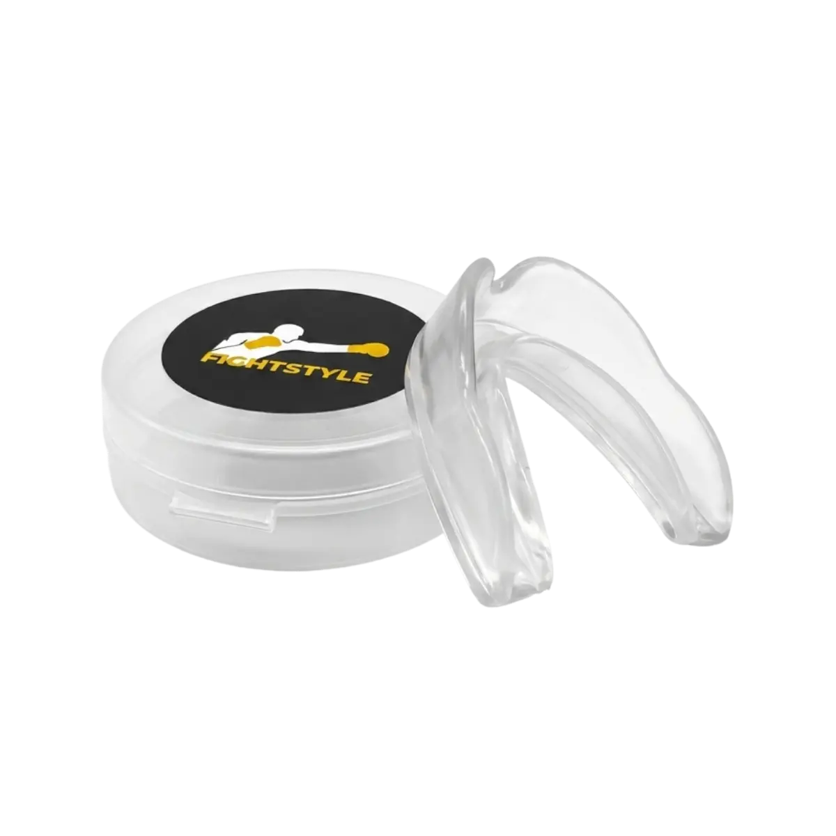 Transparant Fightstyle bitje met wit bewaardoosje en Fightstyle logo. Het bitje beschermt de tanden tijdens boksen, kickboksen en MMA.