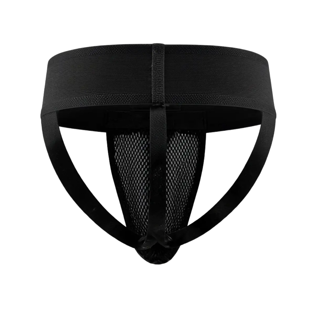 Zwarte Fightstyle kruisbeschermer met elastische tailleband en mesh achterkant. De beschermer biedt ondersteuning en bescherming tijdens boksen, kickboksen en MMA.