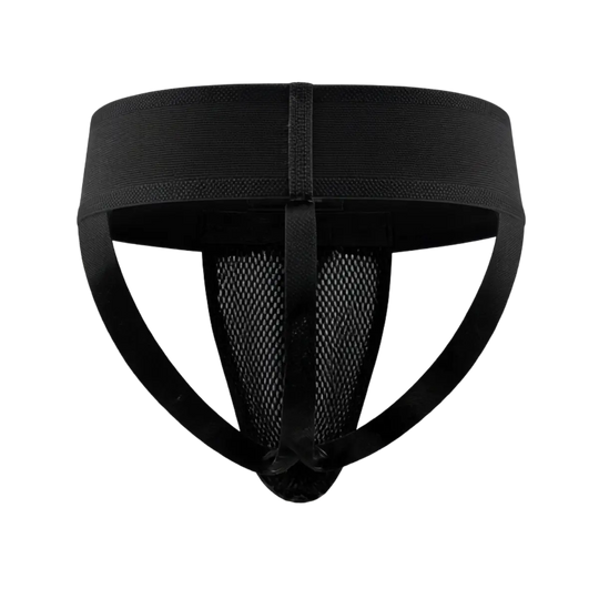 Zwarte Fightstyle kruisbeschermer met elastische tailleband en mesh achterkant. De beschermer biedt ondersteuning en bescherming tijdens boksen, kickboksen en MMA.