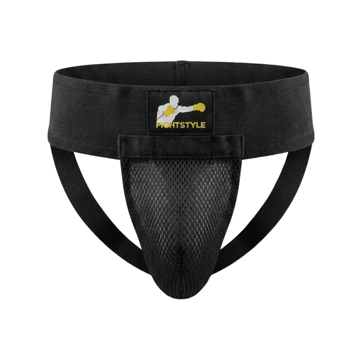 Zwarte Fightstyle kruisbeschermer met elastische tailleband, mesh voorkant en Fightstyle logo. De beschermer biedt ondersteuning en bescherming tijdens boksen, kickboksen en MMA.