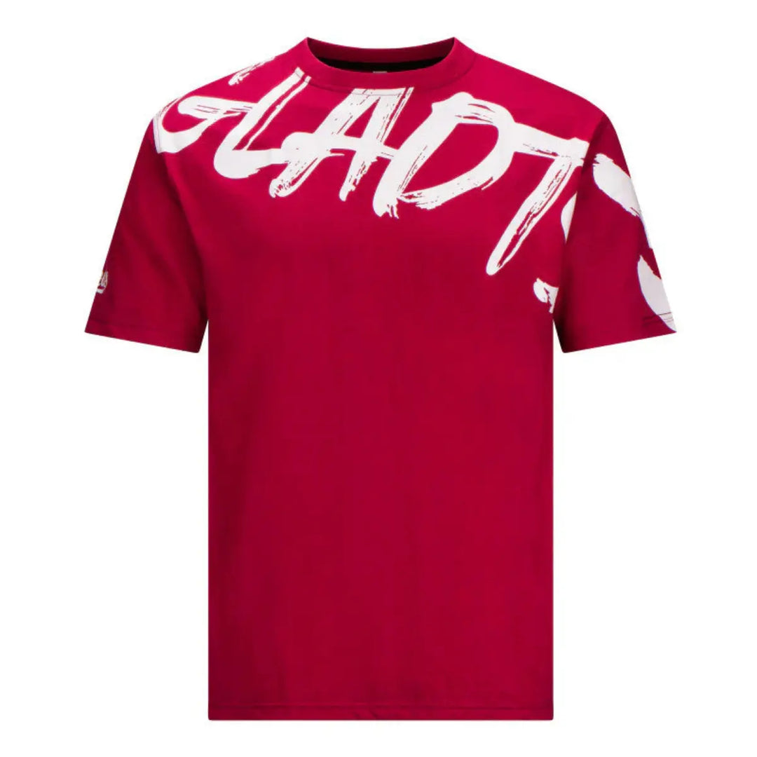 Voorzijde van het Gladts T-shirt Bordeauxrood met opvallende witte Gladts-print over de borst.