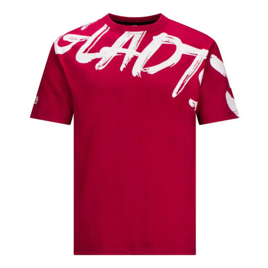 Voorzijde van het Gladts T-shirt Bordeauxrood met opvallende witte Gladts-print over de borst.