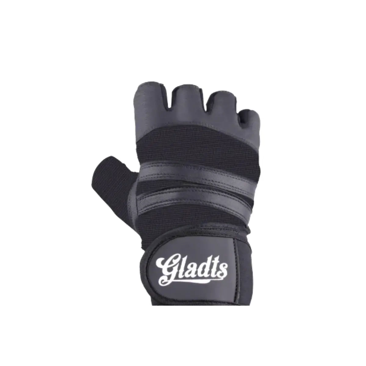 Zwarte Gladts binnenhandschoen met open vingers en geïntegreerde bandage. De binnenhandschoen heeft een klittenbandsluiting bij de pols en een wit Gladts logo op de voorkant.