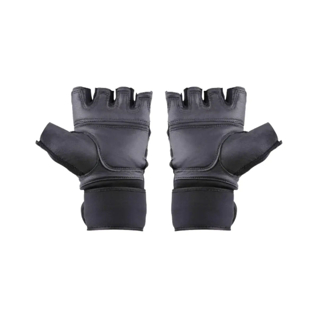 Zwarte Gladts binnenhandschoenen met open vingers, duimopening en stevige polsband. De afbeelding toont de achterkant van beide handschoenen met zichtbare stiksels en gevoerde knokkelbescherming.