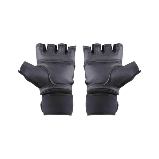 Zwarte Gladts binnenhandschoenen met open vingers, duimopening en stevige polsband. De afbeelding toont de achterkant van beide handschoenen met zichtbare stiksels en gevoerde knokkelbescherming.