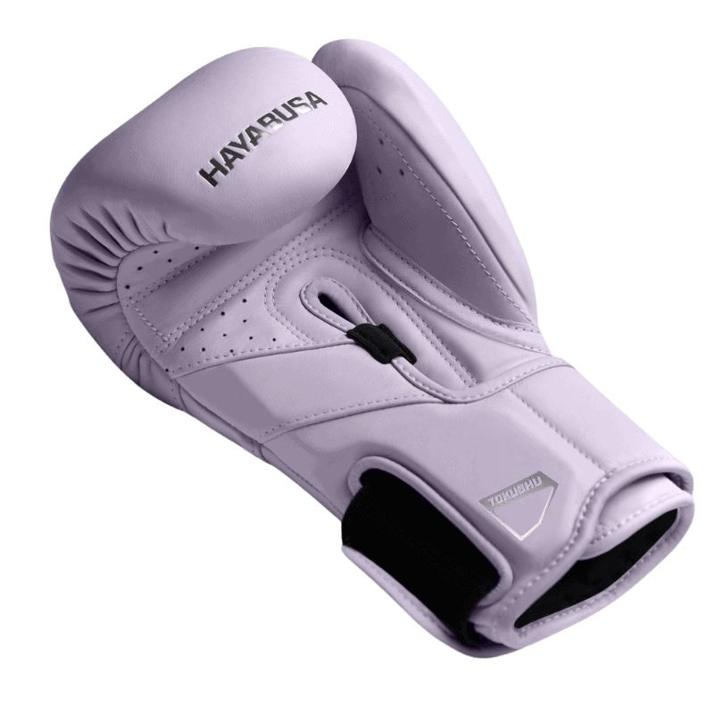 Hayabusa T3 Kanpeki Wisteria Purple bokshandschoenen met palmventilatie, topaanzicht.