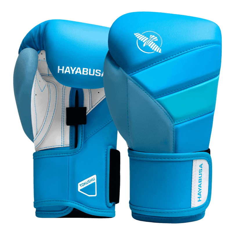 Hayabusa T3 Neon Blue bokshandschoenen met witte en donkerblauwe accenten.