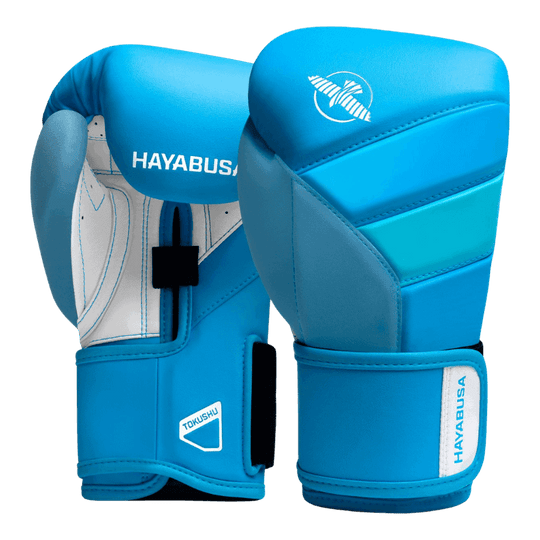Hayabusa T3 Neon Blue bokshandschoenen met witte en donkerblauwe accenten.