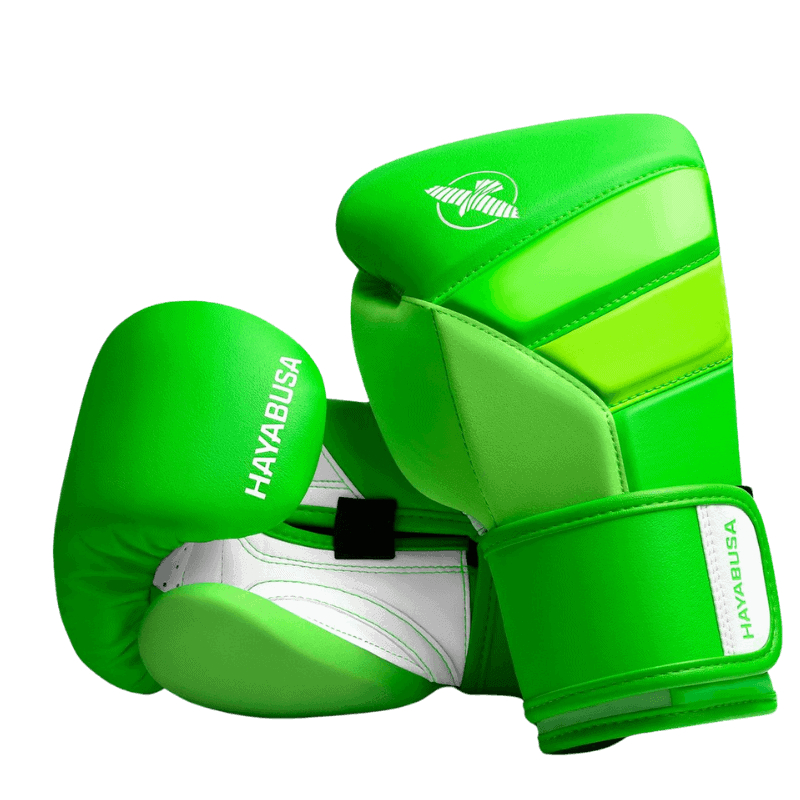Zijaanzicht van Hayabusa T3 Neon Green Bokshandschoenen met logo en klittenbandsluiting.