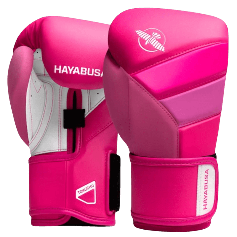 Hayabusa T3 Neon Pink bokshandschoenen met witte accenten en klittenbandsluiting.