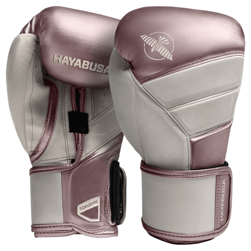 Hayabusa T3 Rose Gold bokshandschoenen met dubbele polssluiting en verstevigde naden.