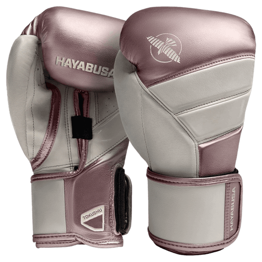 Hayabusa T3 Rose Gold bokshandschoenen met dubbele polssluiting en verstevigde naden.