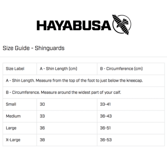 Maattabel voor Hayabusa T3 Striking scheenbeschermers met de specificaties voor de maten Small, Medium, Large en X-Large.